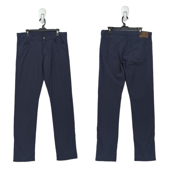 Canali Men 5 Pocket Stretch Trousers Pants Dark Navy Blue Suede Patch NEW FLAW